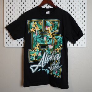 Shaka Active Aloha Life Hawaiian Floral T Shirt Black Size Medium